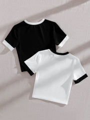 BLACK AND WHITE 2PCS SOLID CONTRAST BINDING TEE