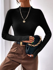MOCK NECK SPLIT CUFF RIBBED KNIT TOP