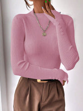 MOCK NECK SPLIT CUFF RIBBED KNIT TOP