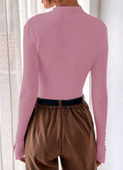 MOCK NECK SPLIT CUFF RIBBED KNIT TOP