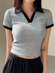 CONTRAST TRIM RIBBED KNIT TEE