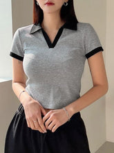 CONTRAST TRIM RIBBED KNIT TEE