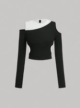 TWO TONE CUT OUT SHOULDER CROP TEE