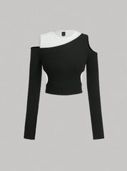TWO TONE CUT OUT SHOULDER CROP TEE