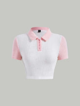 CONTRAST COLLAR RIBBED KNIT CROP TEE