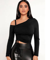 BLACK ASYMMETRICAL NECK DRAWSTRING SIDE TEE