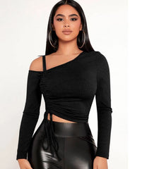 BLACK ASYMMETRICAL NECK DRAWSTRING SIDE TEE