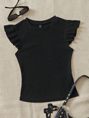 ROUND NECK KNITTED T-SHIRT WITH RUFFLE SLEEVES