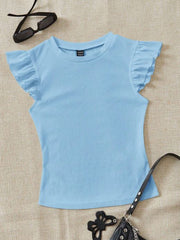 ROUND NECK KNITTED T-SHIRT WITH RUFFLE SLEEVES