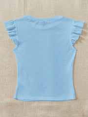 ROUND NECK KNITTED T-SHIRT WITH RUFFLE SLEEVES