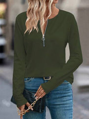 OLIVE GREEN HALF-PLACKET LONG SLEEVE T-SHIRT WITH ZIPPER