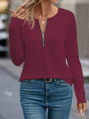 WINE HALF-PLACKET LONG SLEEVE T-SHIRT WITH ZIPPER