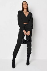 BLACK RIBBED WRAP FRONT CROP TOP & JOGGERS CO-ORD SET