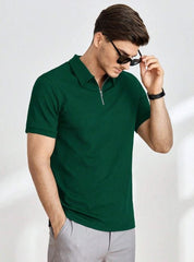 FOREST GREEN MEN SOLID QUARTER ZIP POLO SHIRT