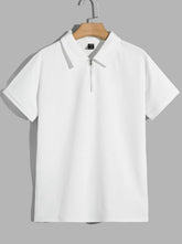 WHITE MEN SOLID QUARTER ZIP POLO SHIRT