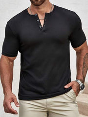 BLACK MEN T-SHIRTS FIT V NECK SHORT SLEEVE HENLEY