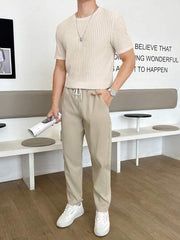 OATMEAL MEN SOLID RIBBED KNIT TEE