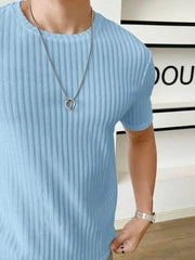 SKY BLUE MEN SOLID RIBBED KNIT TEE