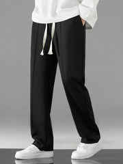 BLACK MEN DRAWSTRING WAIST STRAIGHT LEG PANTS