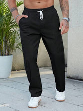 BLACK MEN DRAWSTRING WAIST STRAIGHT LEG TROUSERS
