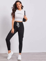 BLACK KNOTTED WAIST FLAP POCKET SIDE JOGGERS