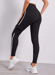 BLACK KNOTTED WAIST FLAP POCKET SIDE JOGGERS