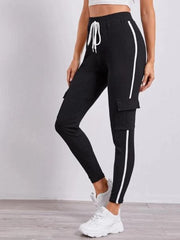 BLACK KNOTTED WAIST FLAP POCKET SIDE JOGGERS