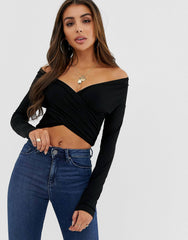 BLACK CROSS OVER BARDOT TOP WITH LONG SLEEVE