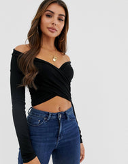 BLACK CROSS OVER BARDOT TOP WITH LONG SLEEVE