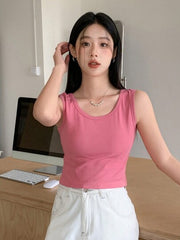 PINK ROUND NECK CASUAL SHORT TANK TOP