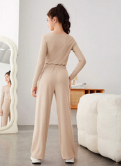 BEIGE TEEN GIRL LETTUCE TRIM TOP & WIDE LEG PANTS SET
