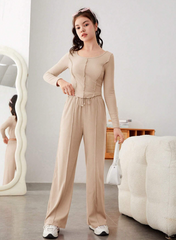 BEIGE TEEN GIRL LETTUCE TRIM TOP & WIDE LEG PANTS SET