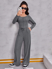 CHARCOAL GREY TEEN GIRL LETTUCE TRIM TOP & WIDE LEG PANTS SET