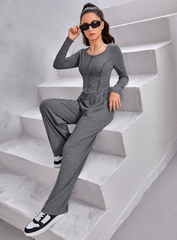 CHARCOAL GREY TEEN GIRL LETTUCE TRIM TOP & WIDE LEG PANTS SET