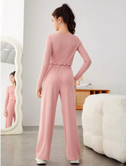 DUSTY PINK TEEN GIRL LETTUCE TRIM TOP & WIDE LEG PANTS SET