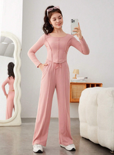 DUSTY PINK TEEN GIRL LETTUCE TRIM TOP & WIDE LEG PANTS SET