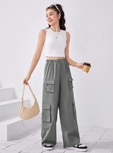 CHARCOAL TEEN GIRL SOLID TANK TOP & FLAP POCKET CARGO PANTS