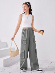 CHARCOAL TEEN GIRL SOLID TANK TOP & FLAP POCKET CARGO PANTS