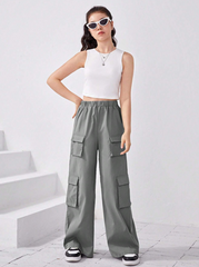 CHARCOAL TEEN GIRL SOLID TANK TOP & FLAP POCKET CARGO PANTS
