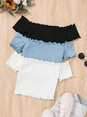 MULTICOLOR TEEN GIRL SET OF 3 PURE COLOR PIT STRIPED OFF SHOULDER