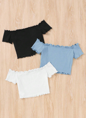 MULTICOLOR TEEN GIRL SET OF 3 PURE COLOR PIT STRIPED OFF SHOULDER