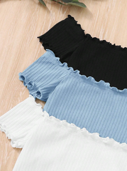 MULTICOLOR TEEN GIRL SET OF 3 PURE COLOR PIT STRIPED OFF SHOULDER