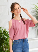 TEEN GIRLS COLD SHOULDER SOLID TEE