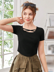 BLACK SQUARE NECK CRISSCROSS FRONT V-WAIST SHORT SLEEVE T-SHIRT
