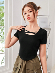 BLACK SQUARE NECK CRISSCROSS FRONT V-WAIST SHORT SLEEVE T-SHIRT