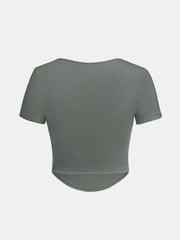 CHARCOAL SQUARE NECK CRISSCROSS FRONT V-WAIST SHORT SLEEVE T-SHIRT