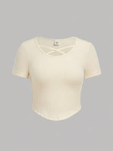 ECRU SQUARE NECK CRISSCROSS FRONT V-WAIST SHORT SLEEVE T-SHIRT