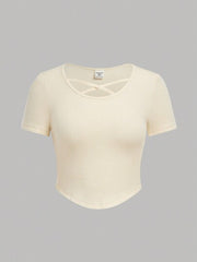 ECRU SQUARE NECK CRISSCROSS FRONT V-WAIST SHORT SLEEVE T-SHIRT