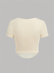 ECRU SQUARE NECK CRISSCROSS FRONT V-WAIST SHORT SLEEVE T-SHIRT