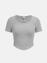 GREY SQUARE NECK CRISSCROSS FRONT V-WAIST SHORT SLEEVE T-SHIRT